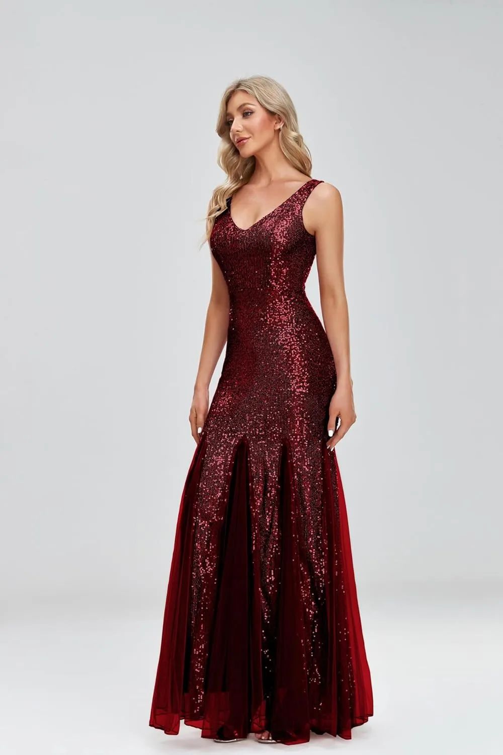 Updated Women's Double V Neck Long Sequined Mermaid Dress Formal Dress Bridesmaid Party Dress