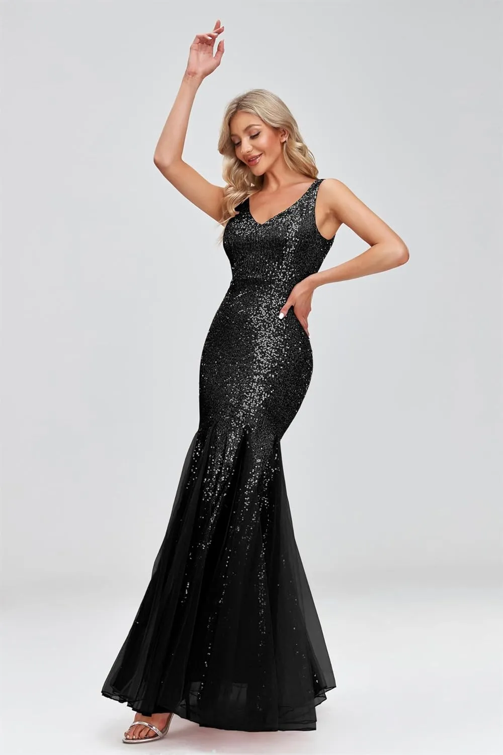 Updated Women's Double V Neck Long Sequined Mermaid Dress Formal Dress Bridesmaid Party Dress