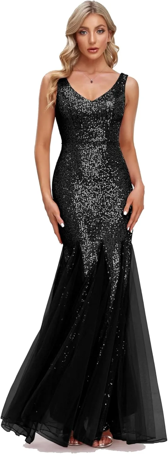Updated Women's Double V Neck Long Sequined Mermaid Dress Formal Dress Bridesmaid Party Dress