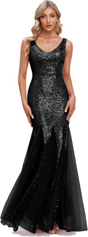 Updated Women's Double V Neck Long Sequined Mermaid Dress Formal Dress Bridesmaid Party Dress