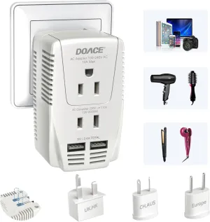 Upgraded DoAce C11 2000W Travel Voltage Converter for Hair Dryer Straightener Curling Iron, Step Down 220V to 110V, 10A Power Adapter with 2 USB and EU/UK/AU/US Plugs for Laptop Camera Cell Phone