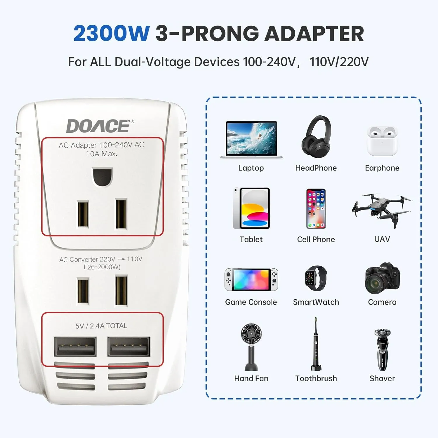 Upgraded DoAce C11 2000W Travel Voltage Converter for Hair Dryer Straightener Curling Iron, Step Down 220V to 110V, 10A Power Adapter with 2 USB and EU/UK/AU/US Plugs for Laptop Camera Cell Phone