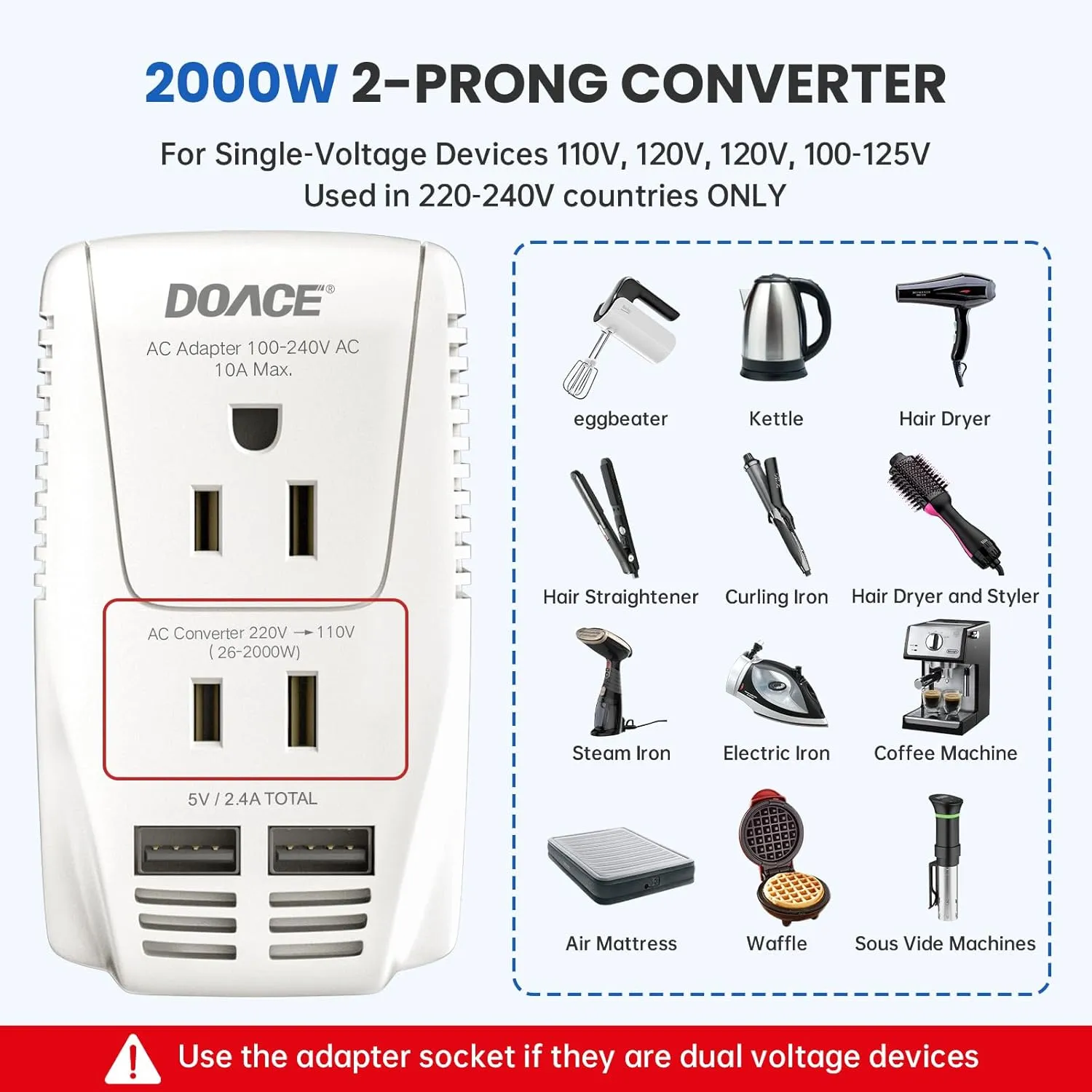 Upgraded DoAce C11 2000W Travel Voltage Converter for Hair Dryer Straightener Curling Iron, Step Down 220V to 110V, 10A Power Adapter with 2 USB and EU/UK/AU/US Plugs for Laptop Camera Cell Phone