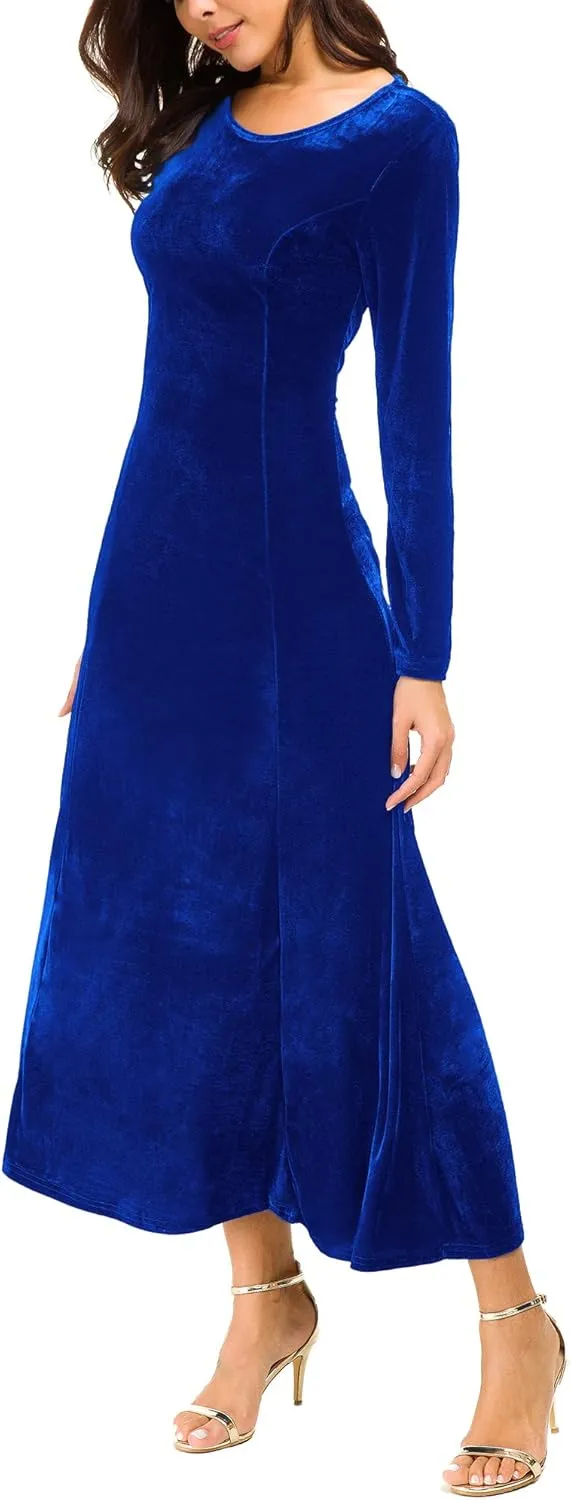 Urban CoCo Women's Elegant Long Sleeve Ruched Velvet Stretchy Long Dress