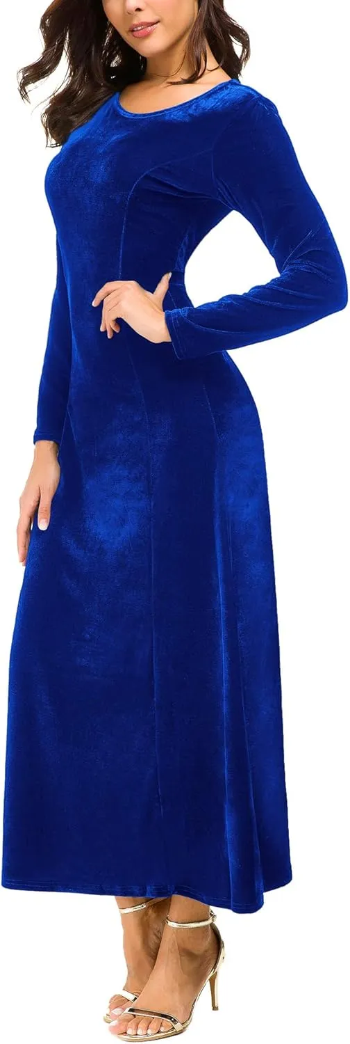 Urban CoCo Women's Elegant Long Sleeve Ruched Velvet Stretchy Long Dress