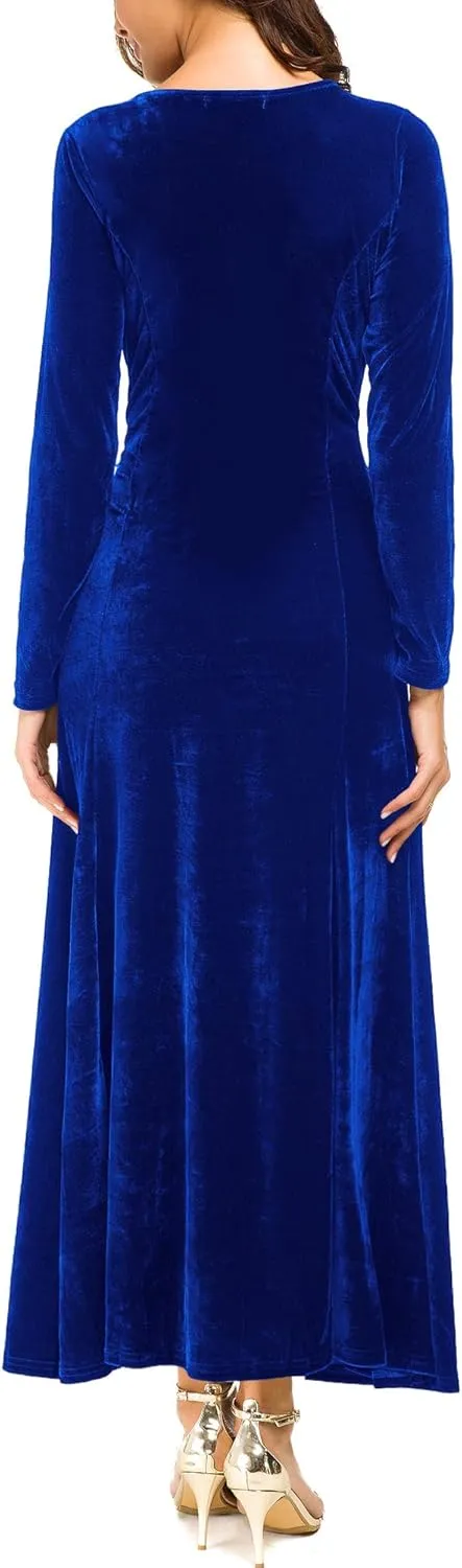 Urban CoCo Women's Elegant Long Sleeve Ruched Velvet Stretchy Long Dress
