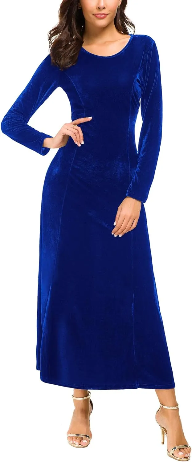 Urban CoCo Women's Elegant Long Sleeve Ruched Velvet Stretchy Long Dress