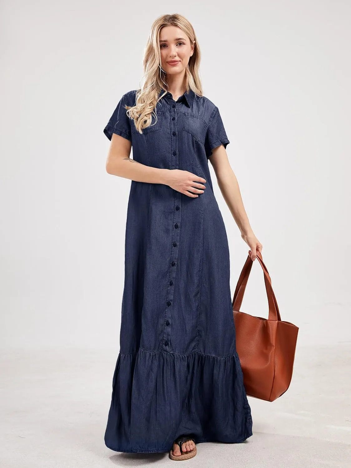 utcoco Womens Short Sleeve Denim Maxi Dress Casual Loose Fit Button Down Long Jean Dresses