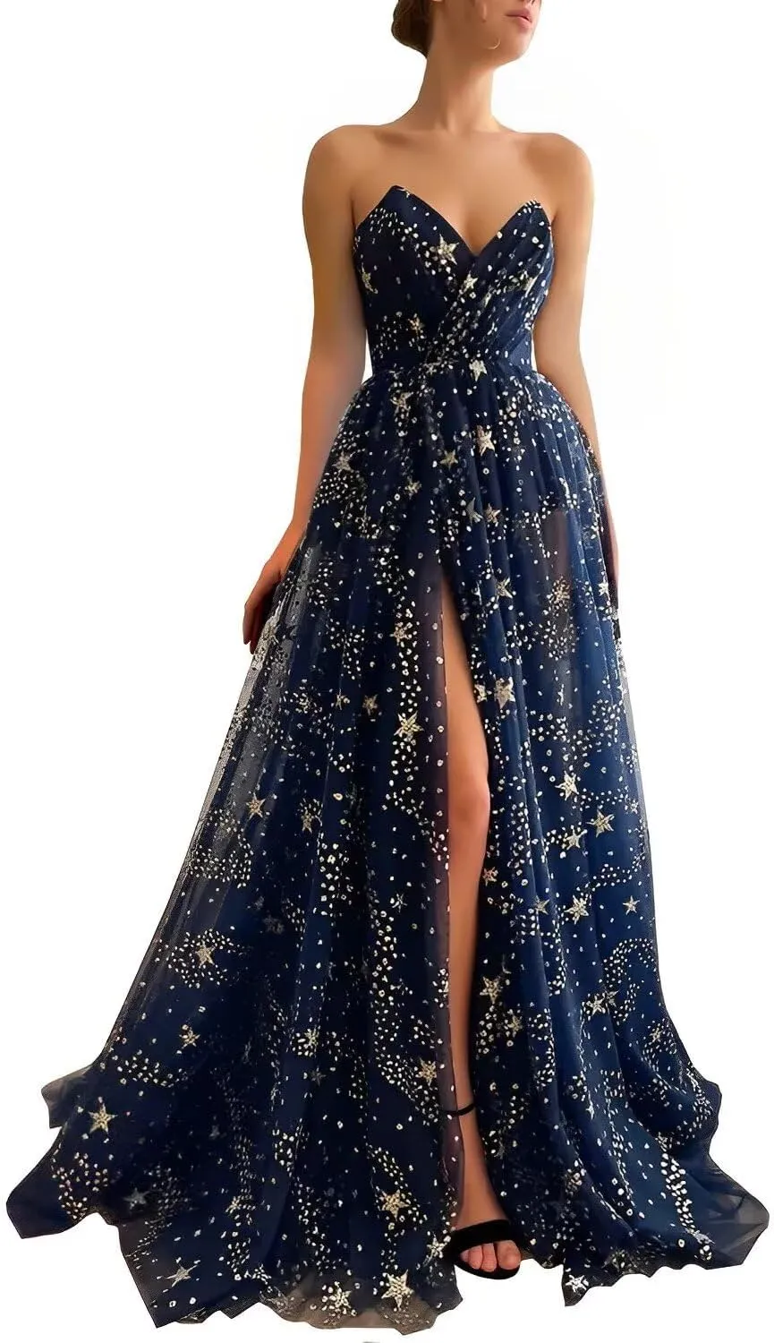 UZN Women's Sparkle Starry Tulle Prom Dresses Strapless Long Formal Evening Party Gowns with Slit