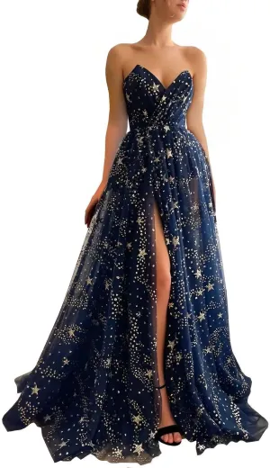 UZN Women's Sparkle Starry Tulle Prom Dresses Strapless Long Formal Evening Party Gowns with Slit