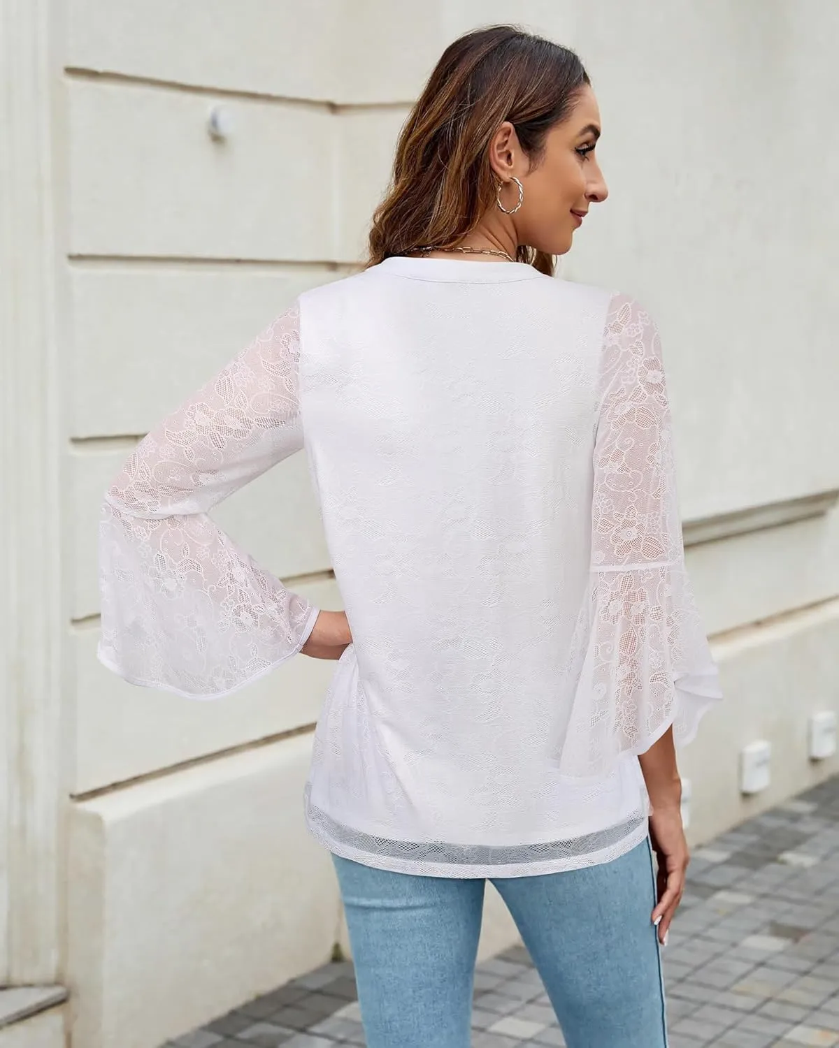 VALOLIA Women's 3/4 Sleeve Dressy Blouses Shirts Casual Loose Fit Mesh Layered Flowy Tunic Tops