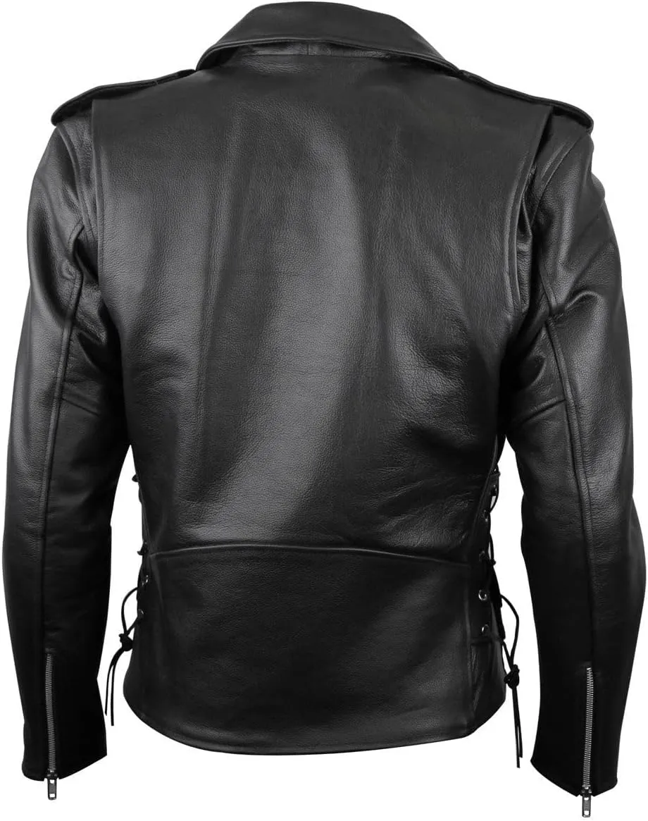 Vance Leather Mens Premium Cowhide Conceal Carry Insulated Liner Side Laces Classic MC Motorcycle Biker Black Leather Jacket
