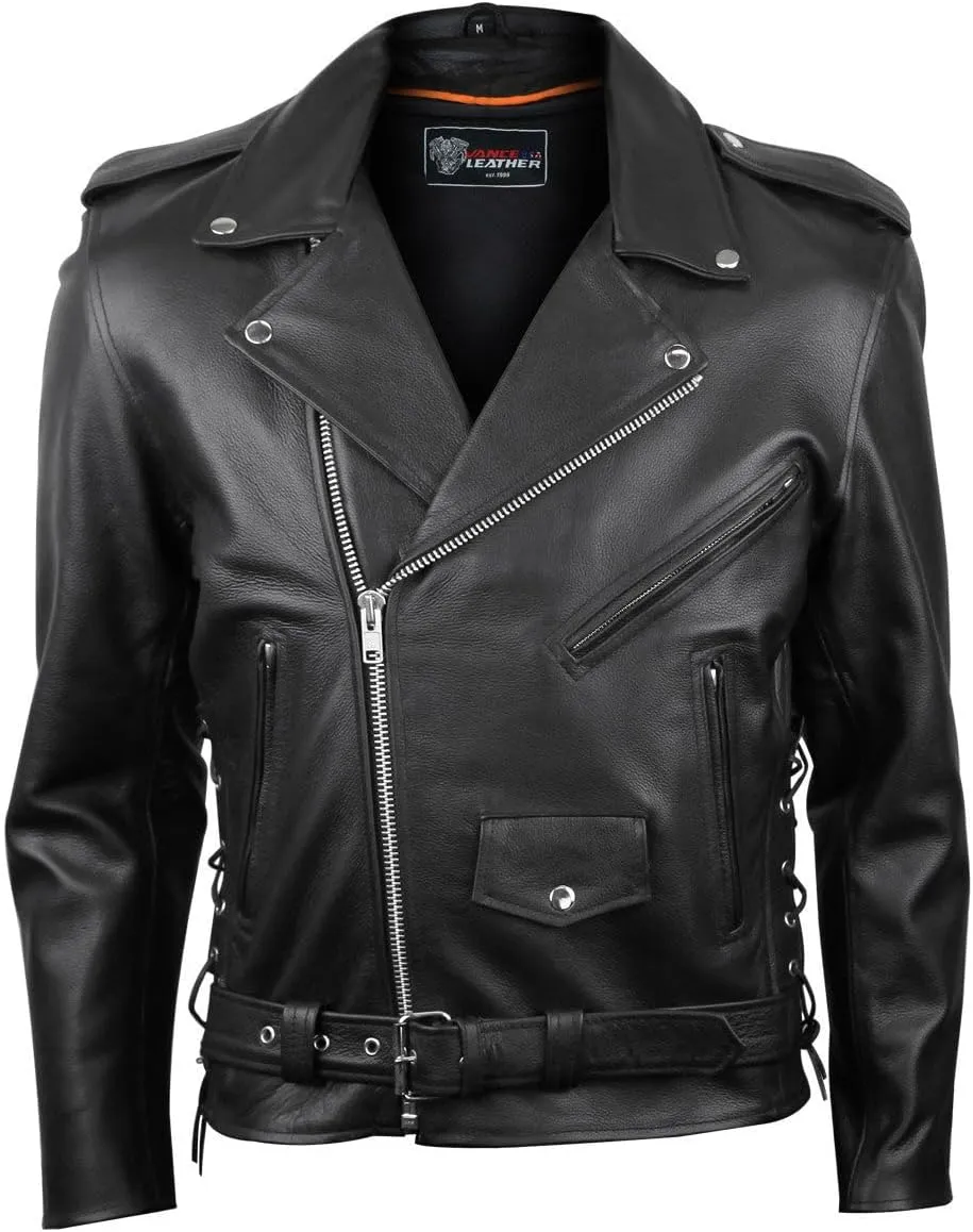 Vance Leather Mens Premium Cowhide Conceal Carry Insulated Liner Side Laces Classic MC Motorcycle Biker Black Leather Jacket