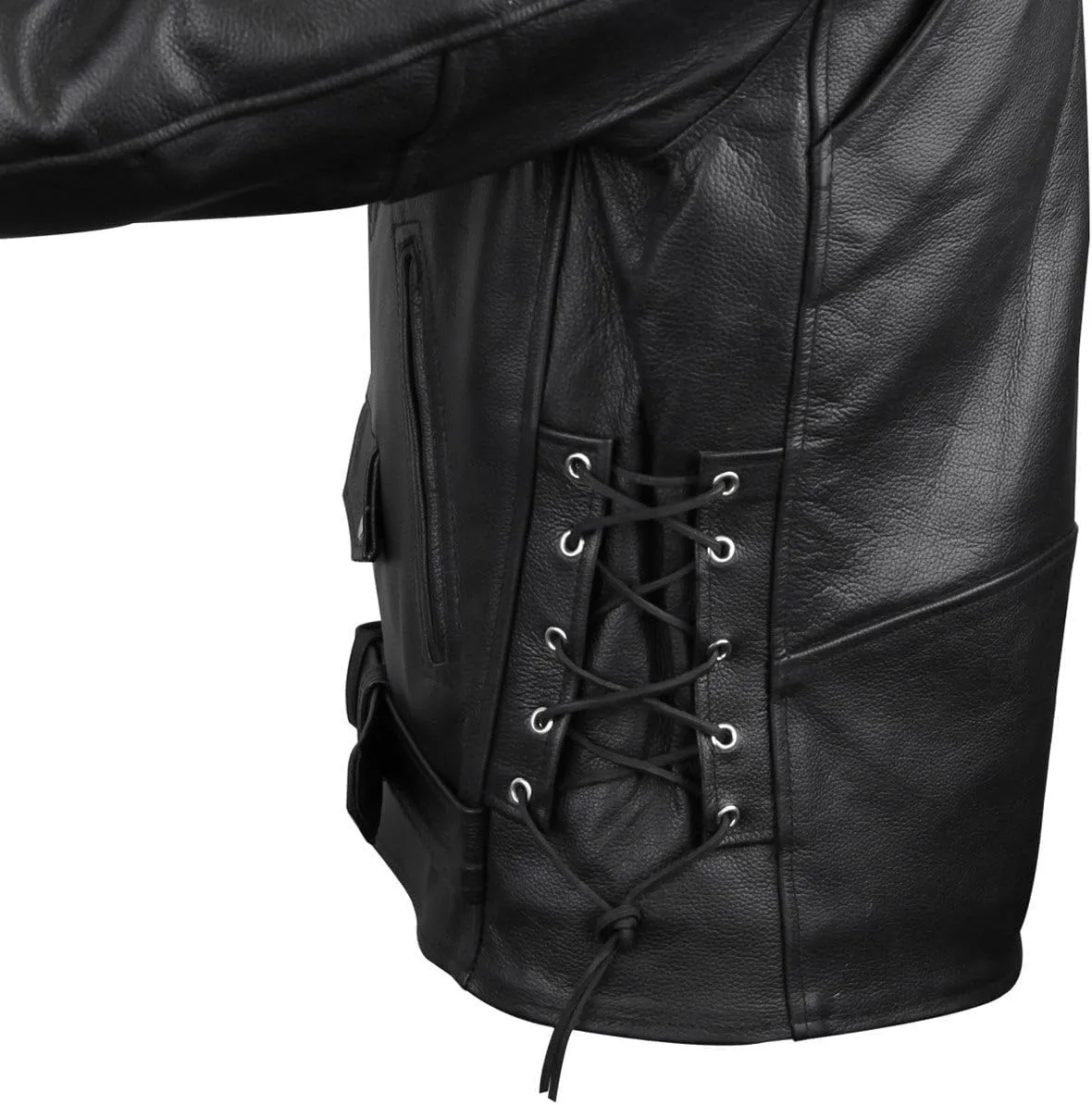 Vance Leather Mens Premium Cowhide Conceal Carry Insulated Liner Side Laces Classic MC Motorcycle Biker Black Leather Jacket