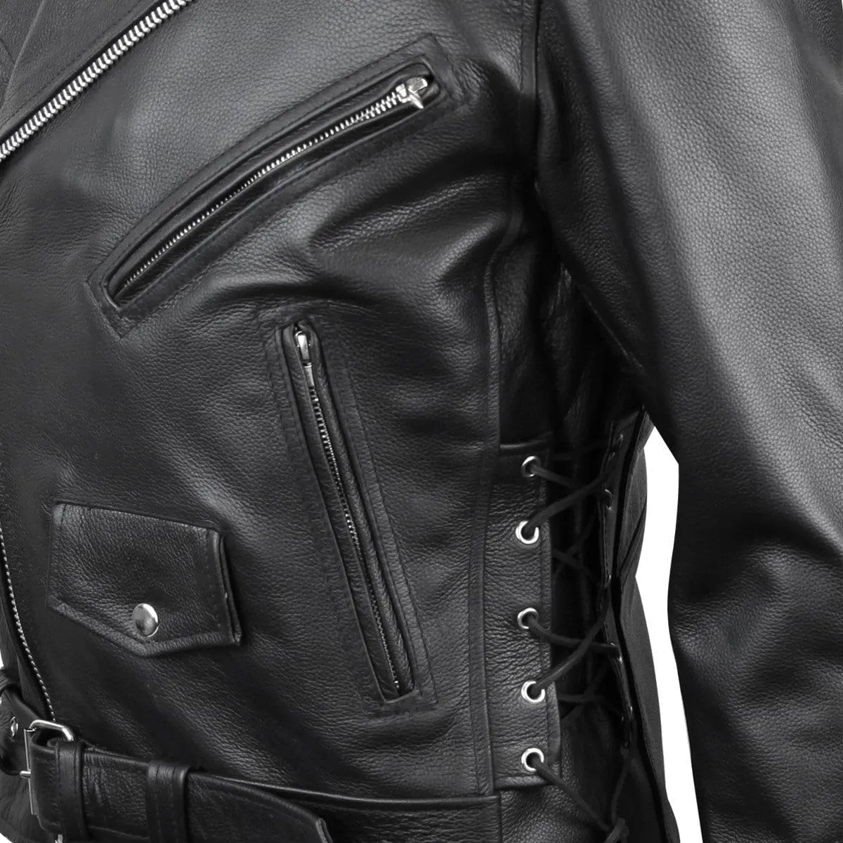 Vance Leather Mens Premium Cowhide Conceal Carry Insulated Liner Side Laces Classic MC Motorcycle Biker Black Leather Jacket