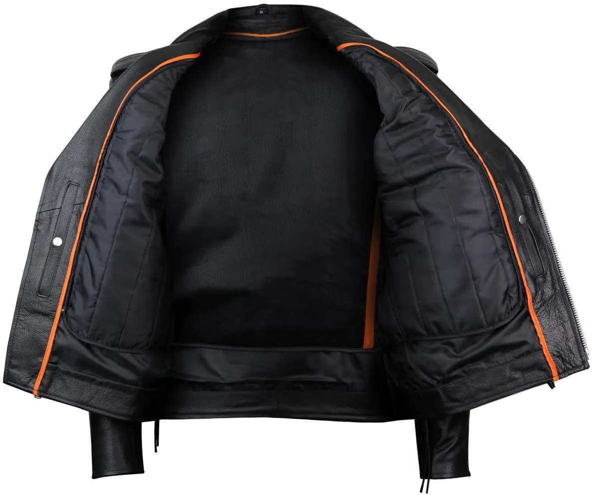 Vance Leather Mens Premium Cowhide Conceal Carry Insulated Liner Side Laces Classic MC Motorcycle Biker Black Leather Jacket