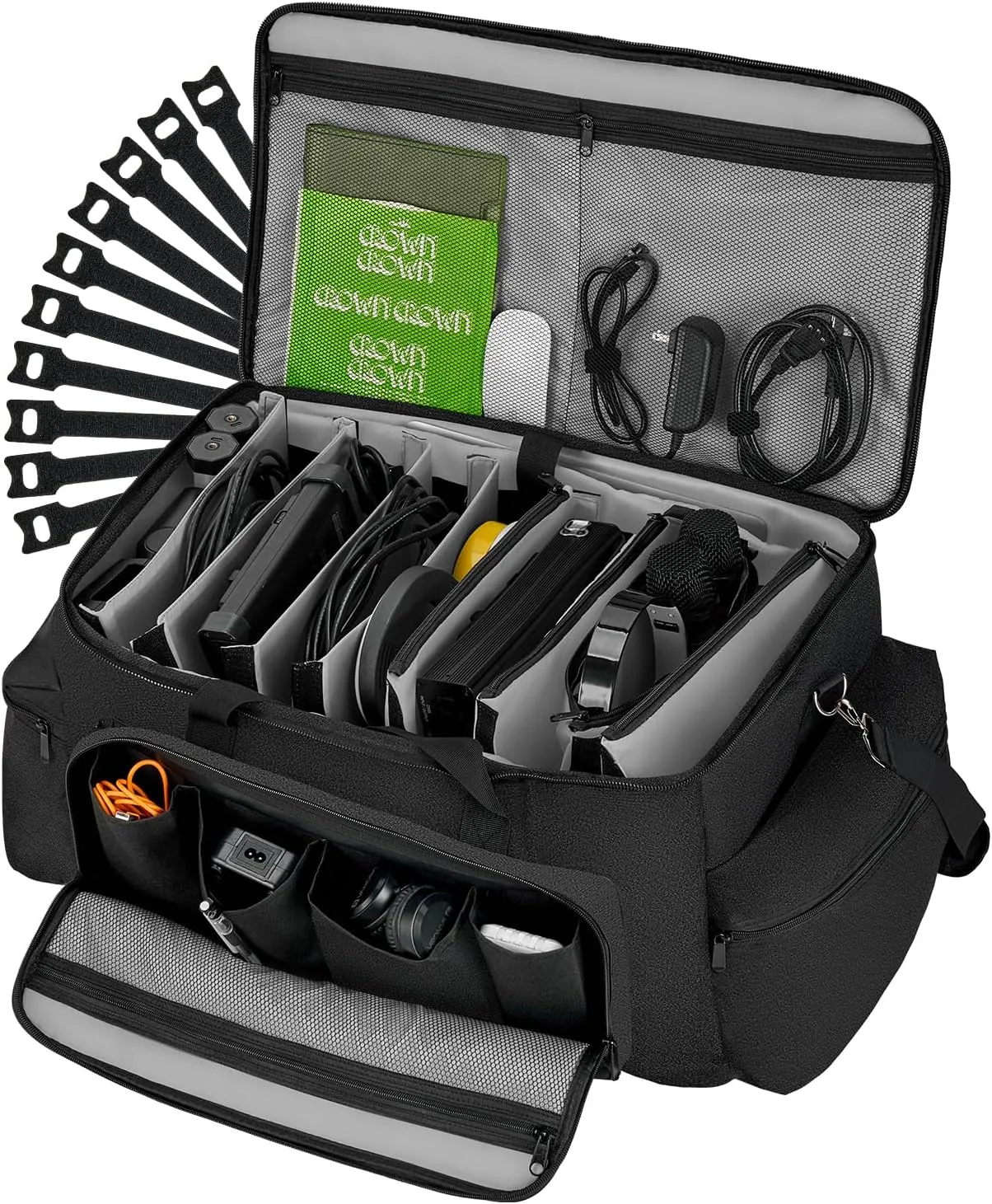 Vangoa DJ Cable Gig Bag Large, Thick Padding Durable with 8 Detachable Adjustable Divders, 16" Laptop Sleeve, 10 Cable Ties, DJ File Bag Travel Musicians Bag for DJ Gear, 23"x10"x11", Gray