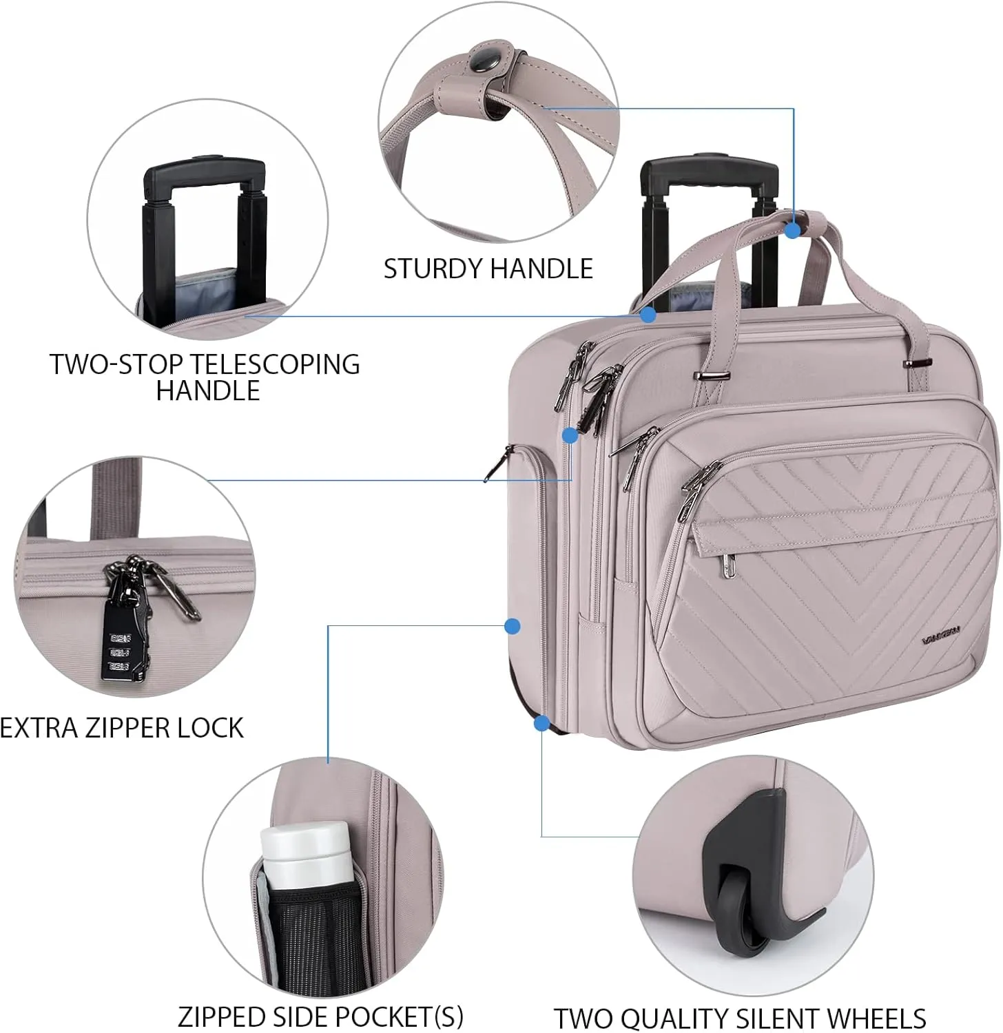 VANKEAN Laptop Bag Women with Wheels, 15.6 Inch Rolling Briefcase for Women, Water Repellent Overnight Rolling Computer Bag with RFID Pockets for Travel Business Work School, Light Dusty Pink