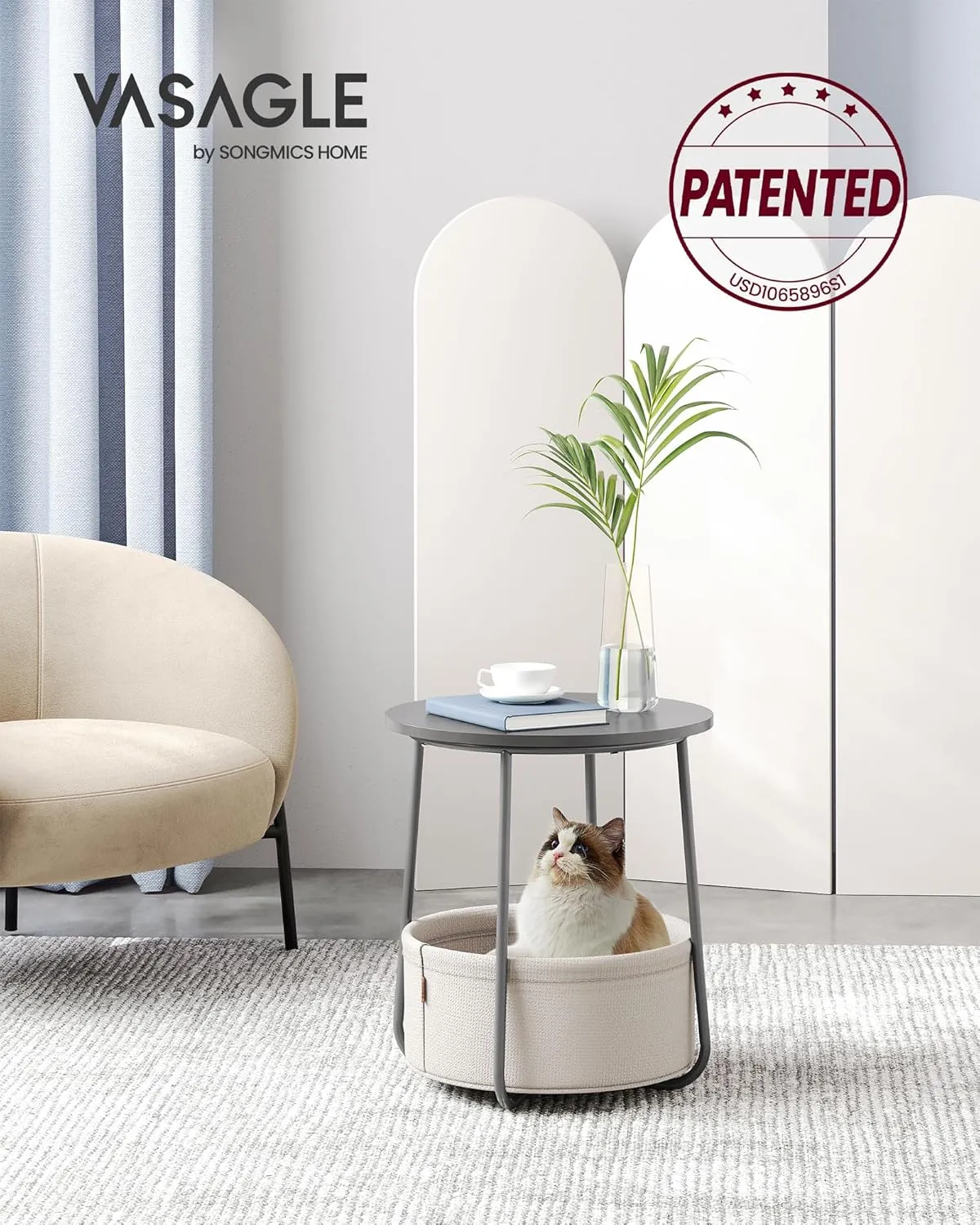 VASAGLE End Table, Small Bedside Table with Fabric Basket, Modern Nightstand, Round Side Table, for Living Room, Bedroom, Cement Gray and Cream White ULET223G49