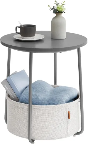 VASAGLE End Table, Small Bedside Table with Fabric Basket, Modern Nightstand, Round Side Table, for Living Room, Bedroom, Cement Gray and Cream White ULET223G49