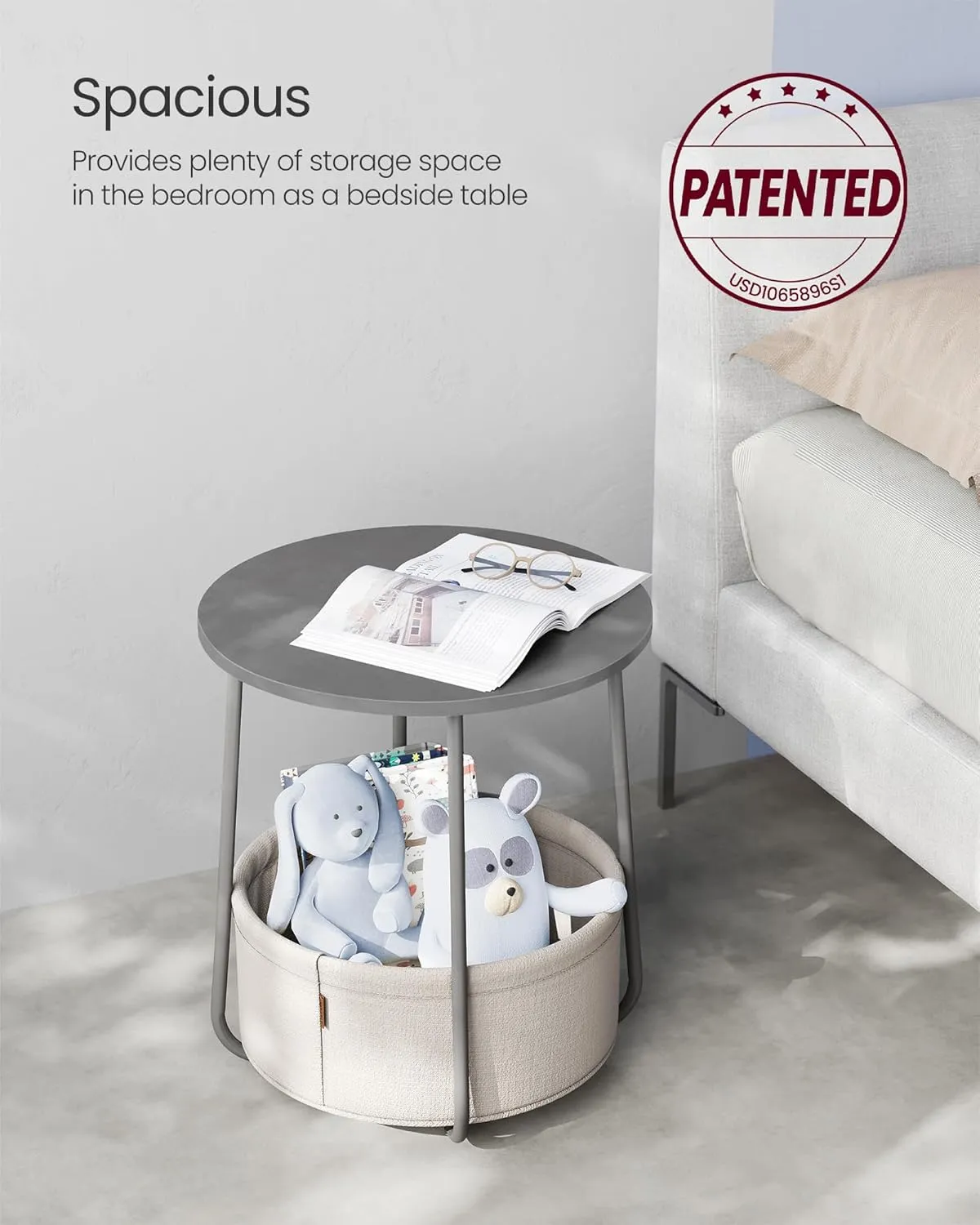 VASAGLE End Table, Small Bedside Table with Fabric Basket, Modern Nightstand, Round Side Table, for Living Room, Bedroom, Cement Gray and Cream White ULET223G49