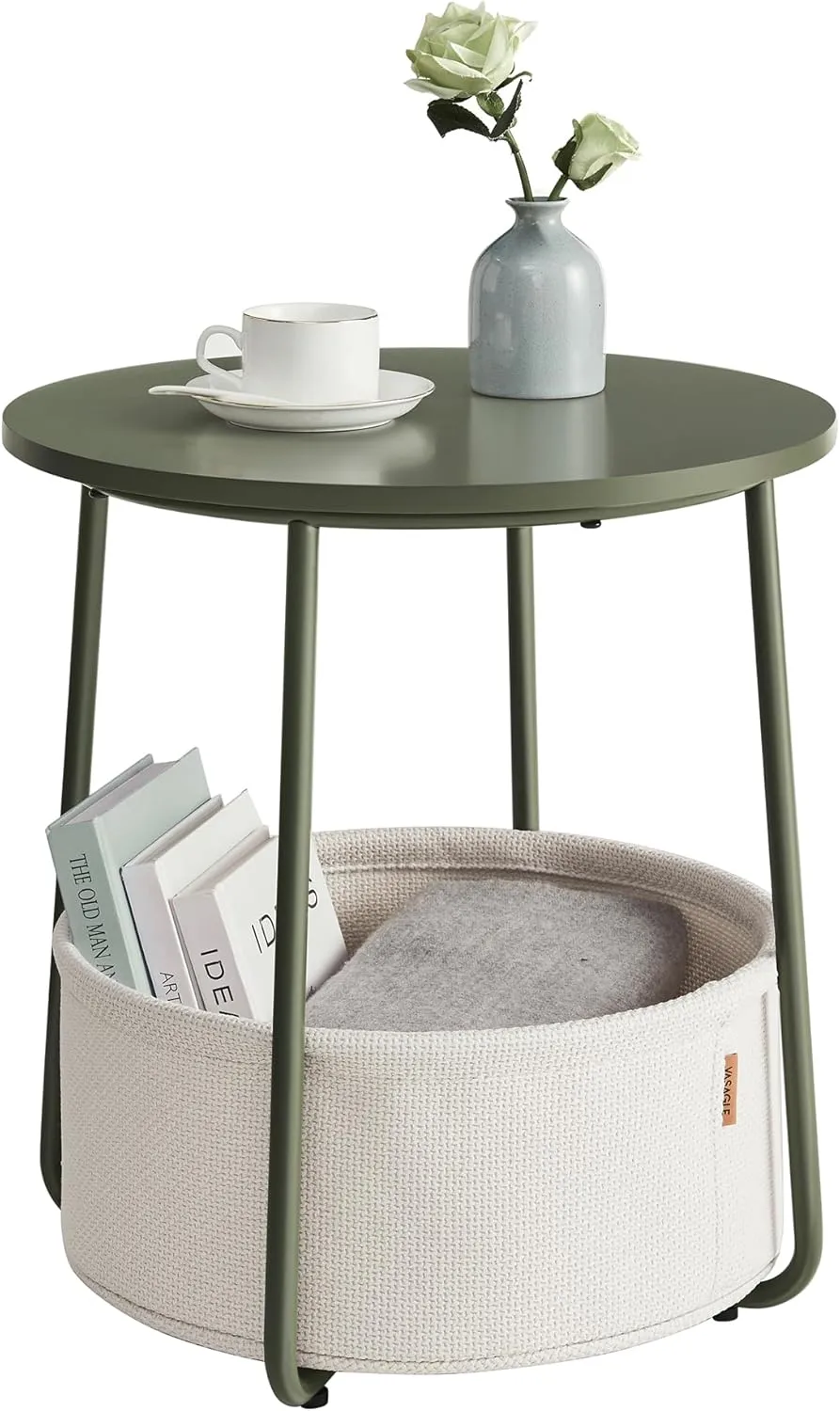 VASAGLE End Table, Small Bedside Table with Fabric Basket, Modern Nightstand, Round Side Table, for Living Room, Bedroom, Forest Green and Cream White ULET223C80