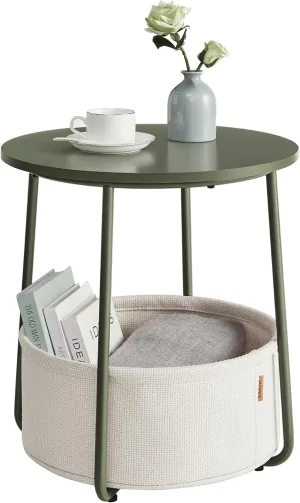VASAGLE End Table, Small Bedside Table with Fabric Basket, Modern Nightstand, Round Side Table, for Living Room, Bedroom, Forest Green and Cream White ULET223C80