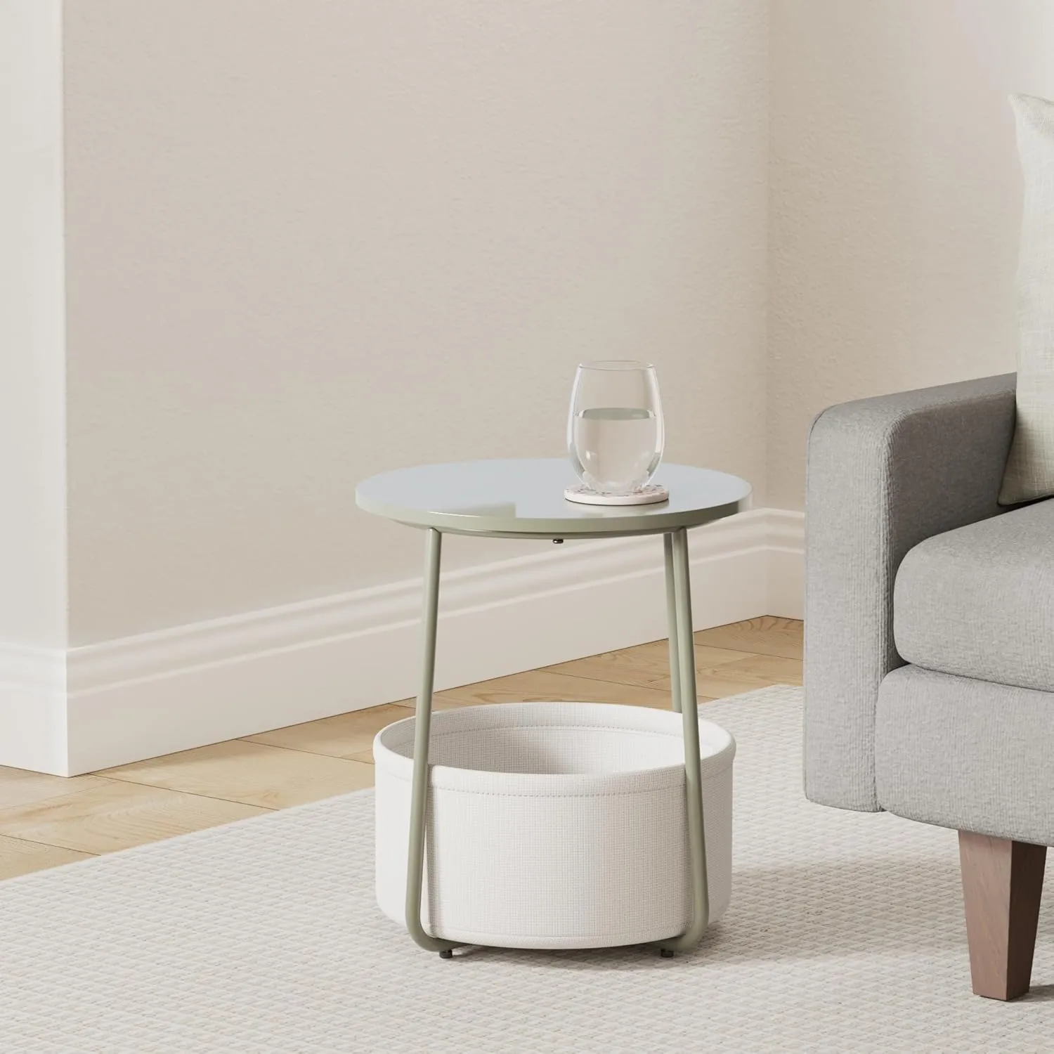 VASAGLE End Table, Small Bedside Table with Fabric Basket, Modern Nightstand, Round Side Table, for Living Room, Bedroom, Forest Green and Cream White ULET223C80