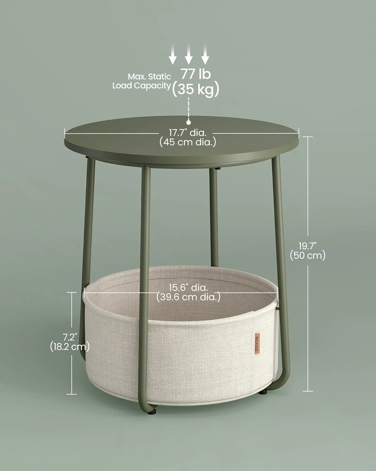 VASAGLE End Table, Small Bedside Table with Fabric Basket, Modern Nightstand, Round Side Table, for Living Room, Bedroom, Forest Green and Cream White ULET223C80