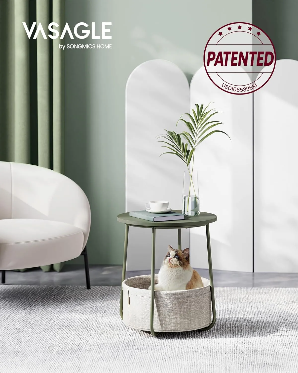 VASAGLE End Table, Small Bedside Table with Fabric Basket, Modern Nightstand, Round Side Table, for Living Room, Bedroom, Forest Green and Cream White ULET223C80