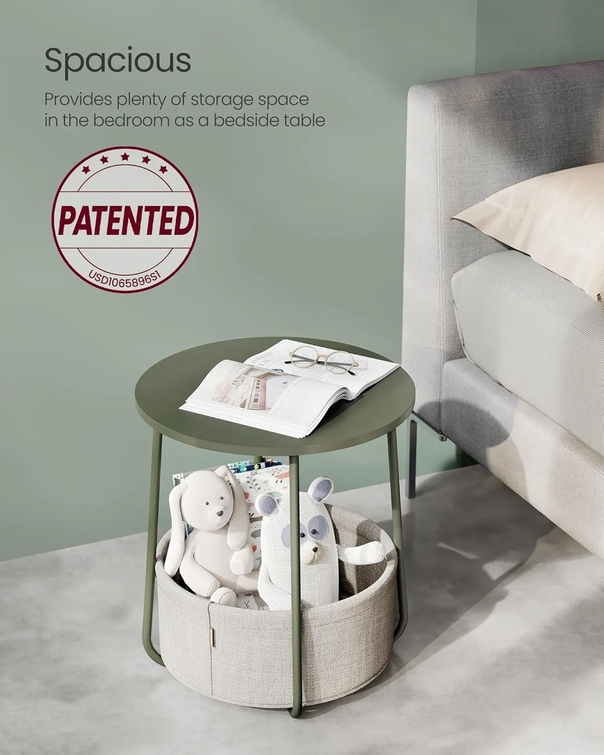 VASAGLE End Table, Small Bedside Table with Fabric Basket, Modern Nightstand, Round Side Table, for Living Room, Bedroom, Forest Green and Cream White ULET223C80