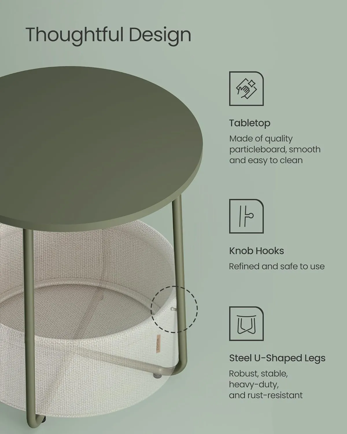 VASAGLE End Table, Small Bedside Table with Fabric Basket, Modern Nightstand, Round Side Table, for Living Room, Bedroom, Forest Green and Cream White ULET223C80
