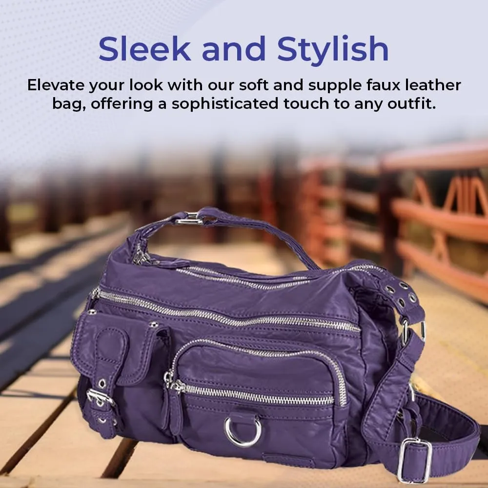 Vegan Leather Bag w/Multiple Pockets, Double-Zip Top, Lined Compartments - Adjustable Buckle Strap, Reinforced Bottom
