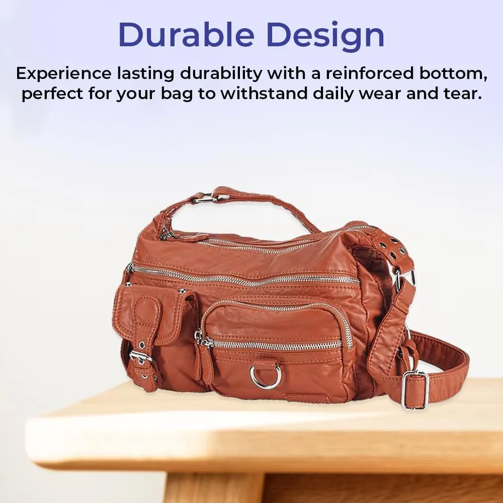 Vegan Leather Bag w/Multiple Pockets, Double-Zip Top, Lined Compartments - Adjustable Buckle Strap, Reinforced Bottom