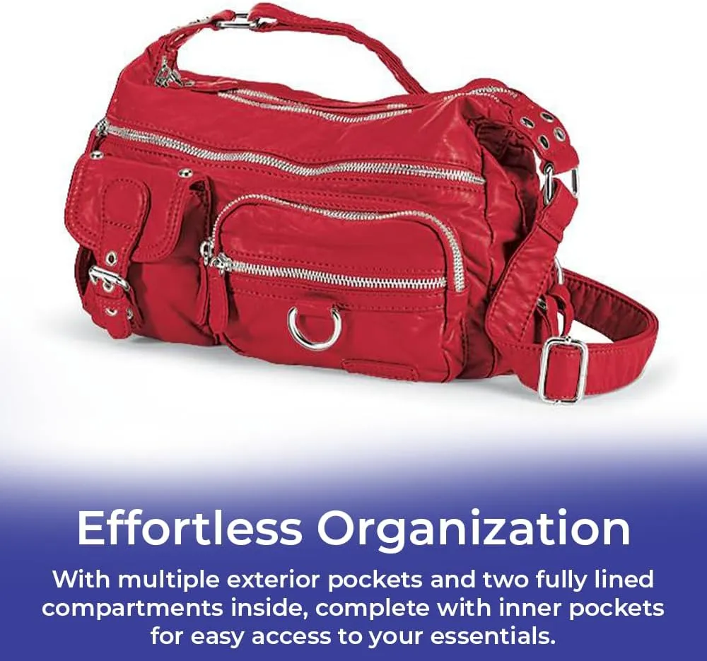 Vegan Leather Bag w/Multiple Pockets, Double-Zip Top, Lined Compartments - Adjustable Buckle Strap, Reinforced Bottom
