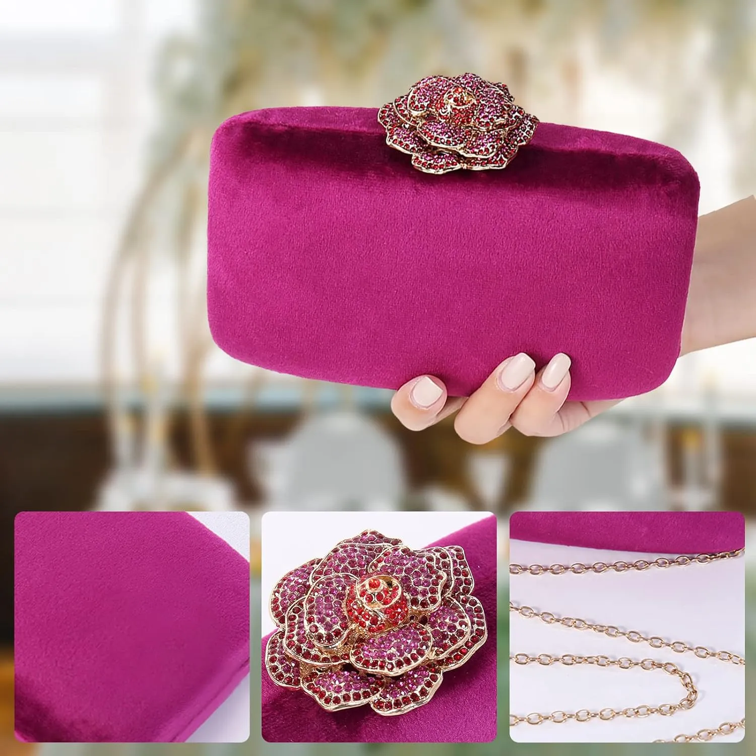 Velvet Clutch Bag for Women Diamond Flower Lock Evening Bag Sparkly Rhinestone Handbag Bridal Wedding Purse
