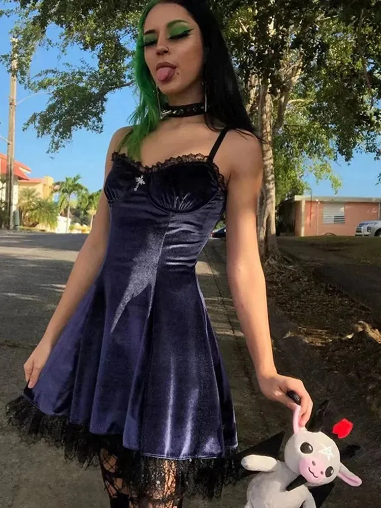 Velvet Gothic Black Mini Dress Women Vintage Spaghetti Strap High Waist Dresses Aesthetic Elegant Goth Party Club Dress