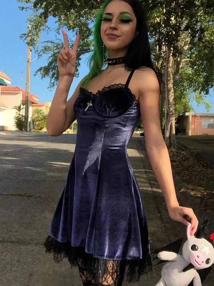 Velvet Gothic Black Mini Dress Women Vintage Spaghetti Strap High Waist Dresses Aesthetic Elegant Goth Party Club Dress
