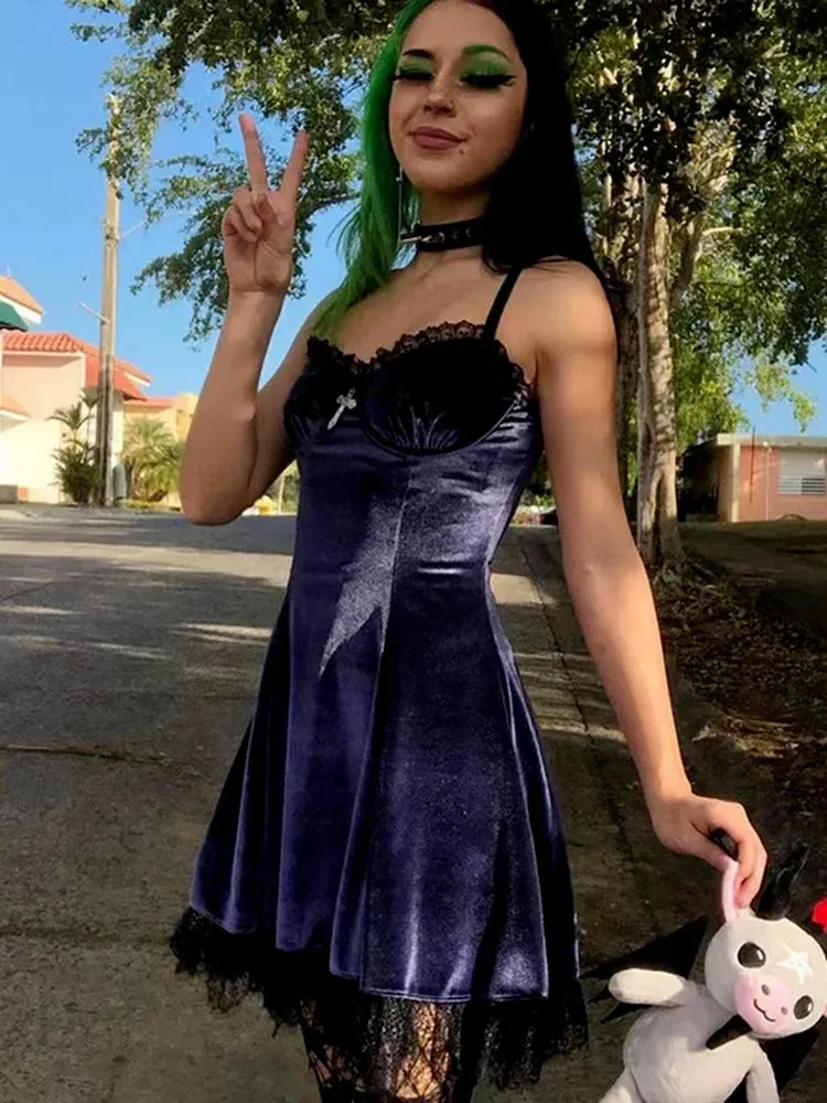 Velvet Gothic Black Mini Dress Women Vintage Spaghetti Strap High Waist Dresses Aesthetic Elegant Goth Party Club Dress