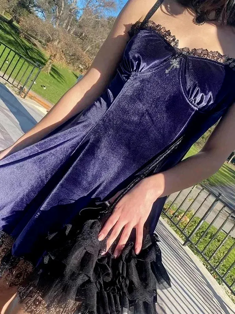 Velvet Gothic Black Mini Dress Women Vintage Spaghetti Strap High Waist Dresses Aesthetic Elegant Goth Party Club Dress