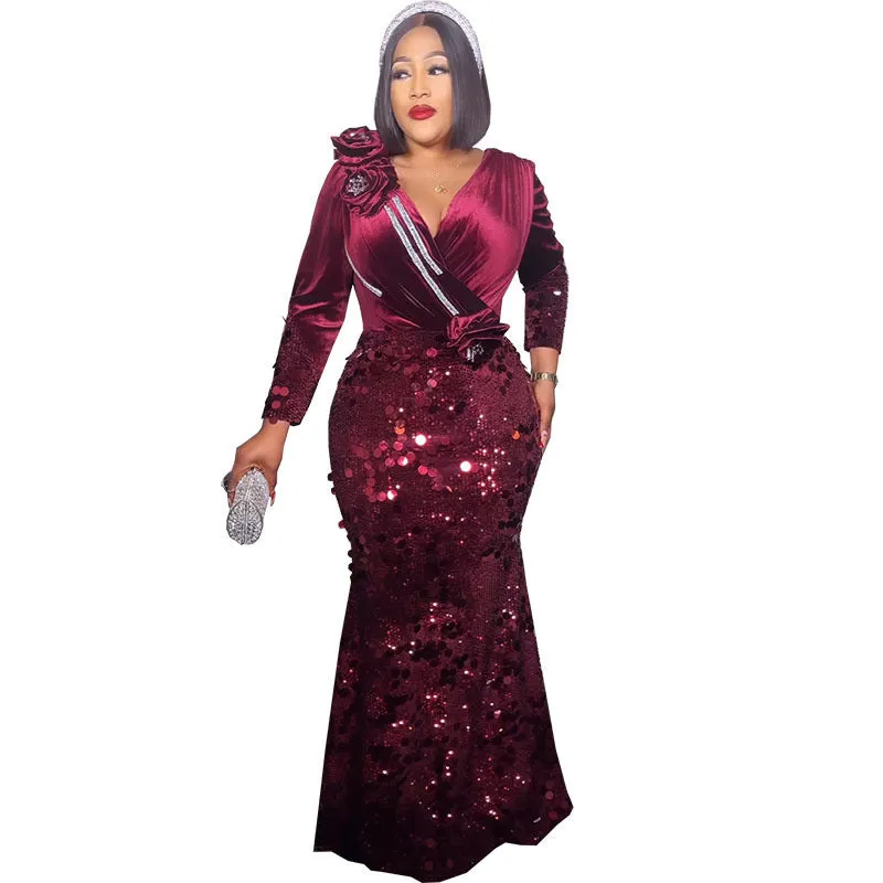Velvet Sequined Evening Dress