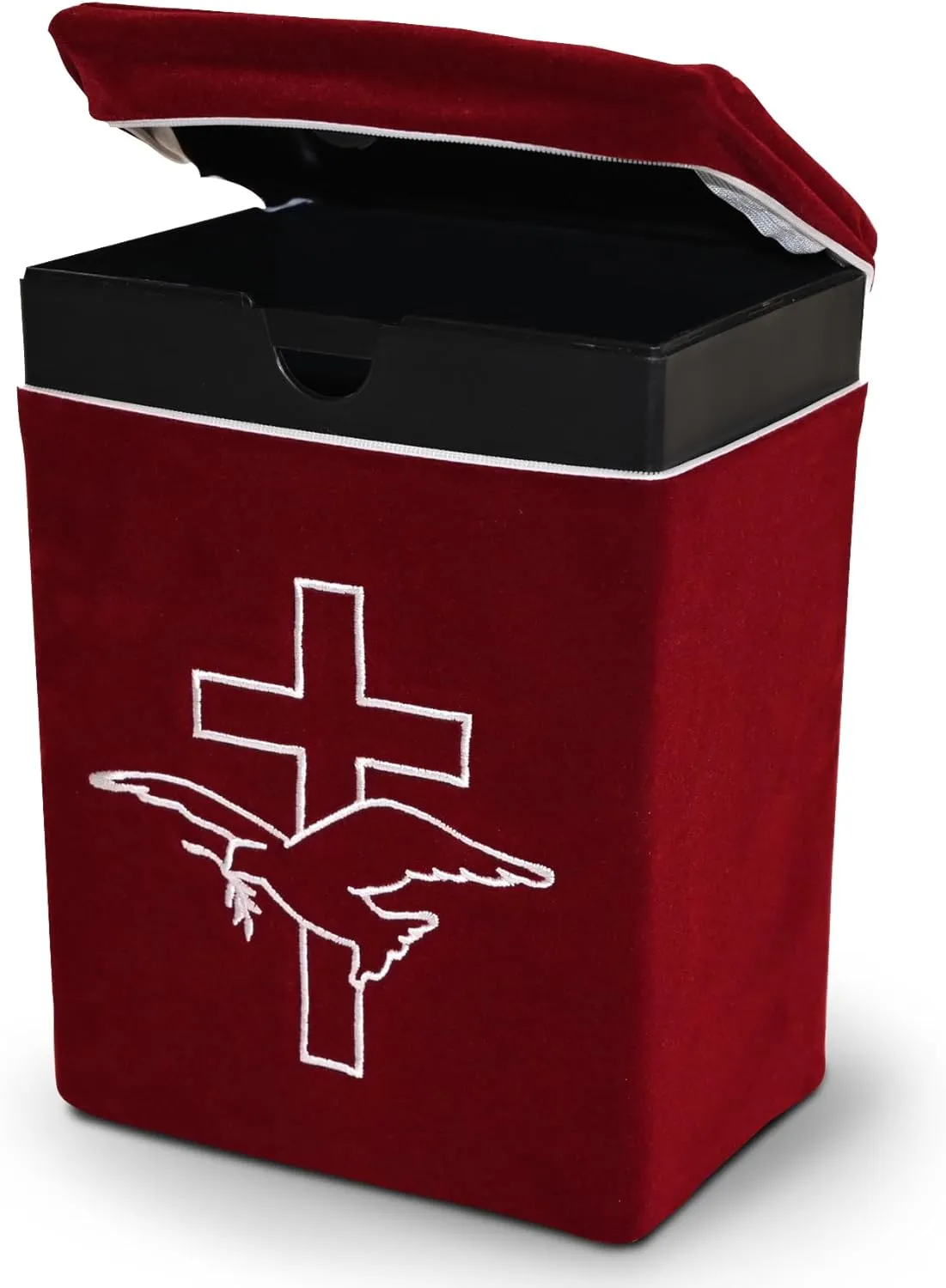 Velvet Urn Bag with TSA Approved Cremation Container | Holds Cremated Ashes of Human Adult | for Use in a Niche or Ground Burial | Fits The Crowne Burial Urn Vault (Burgundy with Cross and Dove)