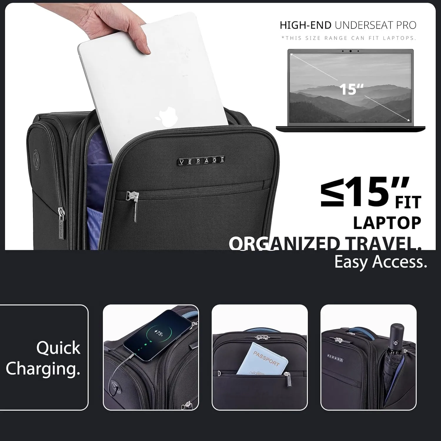 Verage Carry On Luggage with Wheels, 15 Inch Underseat Spinner Luggage Pro, Underseat Personal Item Travel Bag for Men and Women, Carry On Bags for Airplanes, Black