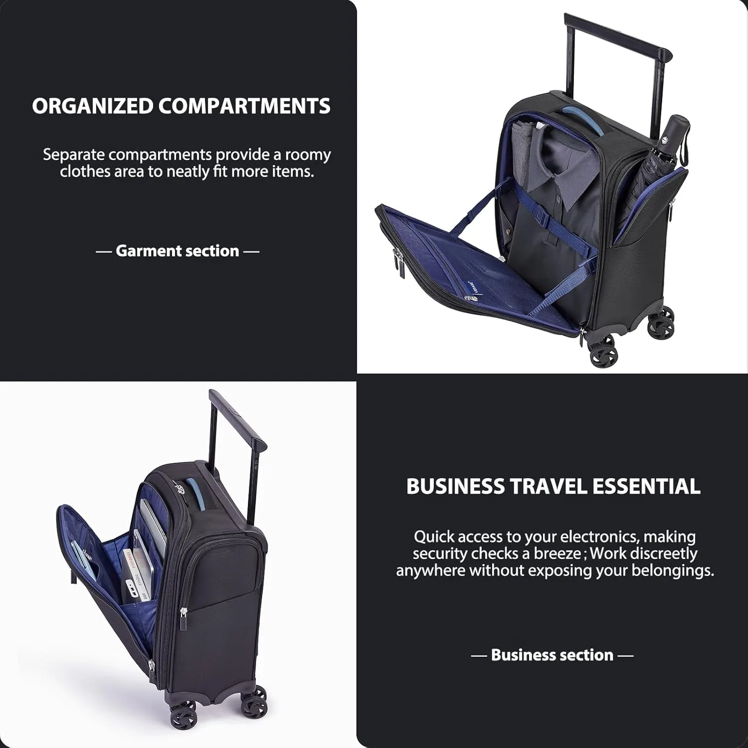 Verage Carry On Luggage with Wheels, 15 Inch Underseat Spinner Luggage Pro, Underseat Personal Item Travel Bag for Men and Women, Carry On Bags for Airplanes, Black