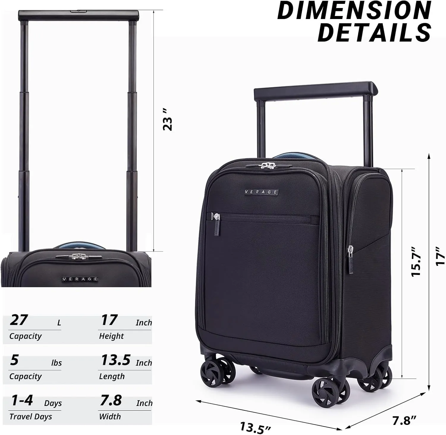 Verage Carry On Luggage with Wheels, 15 Inch Underseat Spinner Luggage Pro, Underseat Personal Item Travel Bag for Men and Women, Carry On Bags for Airplanes, Black