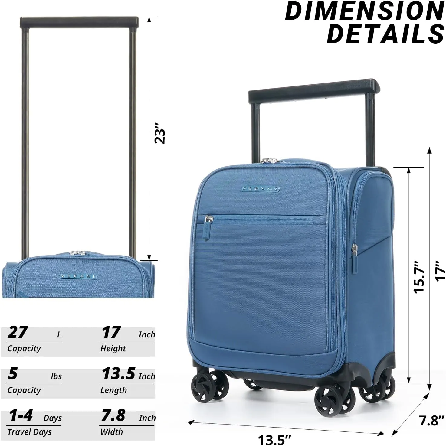 Verage Underseat Carry On Luggage with Spinner Wheels 15 inch Overnight Suitcase Travel Business Bag for Airlines Men Women