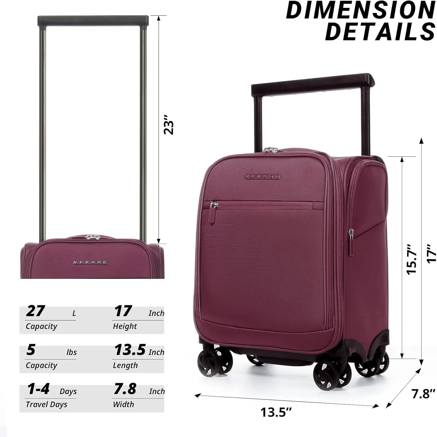 Verage Underseat Carry On Luggage with Spinner Wheels 15 inch Overnight Suitcase Travel Business Bag for Airlines Men Women