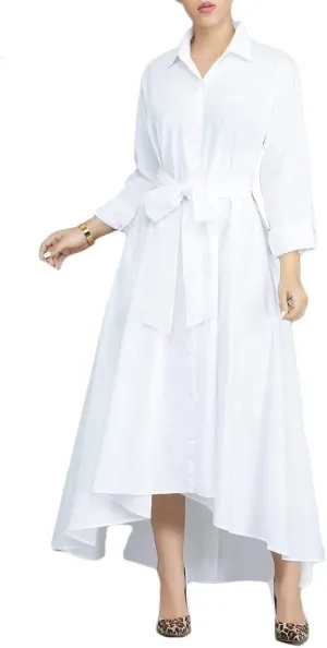 VERWIN Women Long Sleeve Loose Elegant Maxi Dress Button Down Up Shirt Long Dress with Pockets and Belts