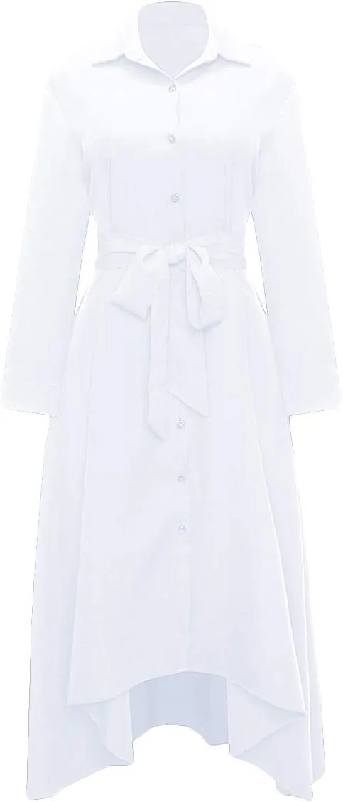 VERWIN Women Long Sleeve Loose Elegant Maxi Dress Button Down Up Shirt Long Dress with Pockets and Belts