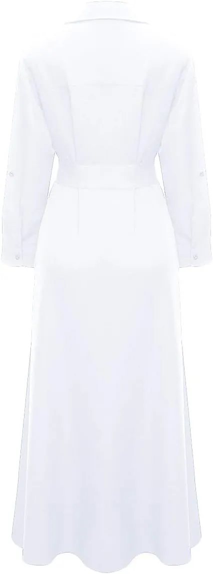 VERWIN Women Long Sleeve Loose Elegant Maxi Dress Button Down Up Shirt Long Dress with Pockets and Belts